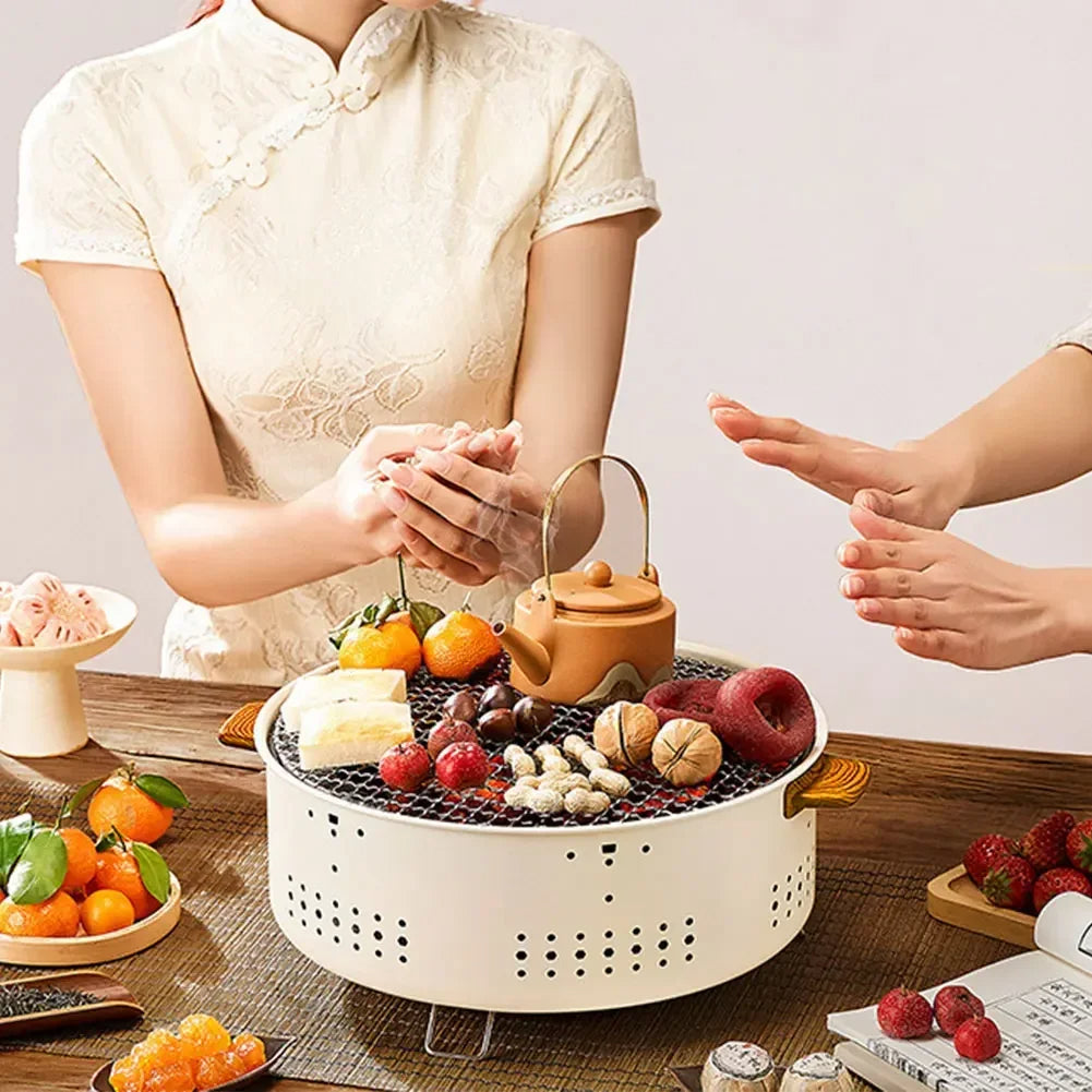 🟡 Parrilla de barbacoa portátil, estufa de carbón coreana, estufa de barbacoa dividida de acero inoxidable, estante de barbacoa redondo antiadherente para acampar al aire libre