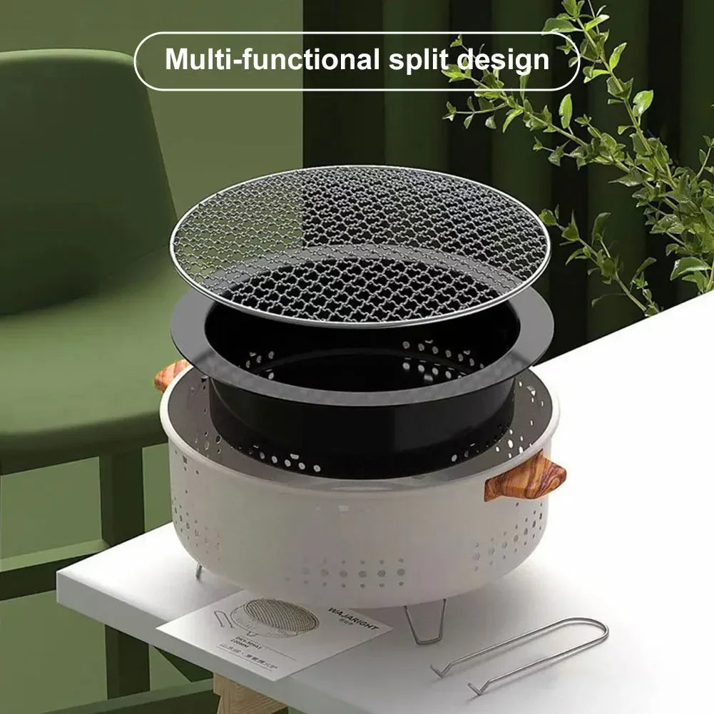 🟡 Parrilla de barbacoa portátil, estufa de carbón coreana, estufa de barbacoa dividida de acero inoxidable, estante de barbacoa redondo antiadherente para acampar al aire libre