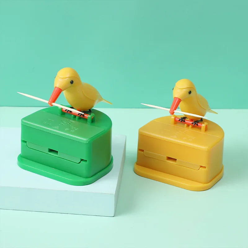 🟡 Contenedor de palillos de dientes con forma de pájaro, dispensador automático de palillos de dientes, soporte para palillos de dientes, decoración del hogar, accesorios de mesa, cocina y restaurante