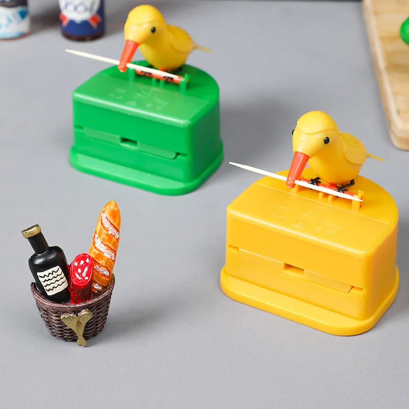 🟡 Contenedor de palillos de dientes con forma de pájaro, dispensador automático de palillos de dientes, soporte para palillos de dientes, decoración del hogar, accesorios de mesa, cocina y restaurante