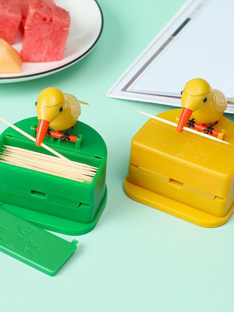 🟡 Contenedor de palillos de dientes con forma de pájaro, dispensador automático de palillos de dientes, soporte para palillos de dientes, decoración del hogar, accesorios de mesa, cocina y restaurante