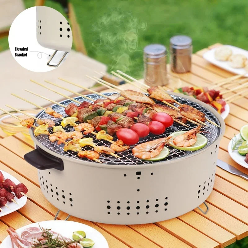 🟡 Parrilla de barbacoa portátil, estufa de carbón coreana, estufa de barbacoa dividida de acero inoxidable, estante de barbacoa redondo antiadherente para acampar al aire libre