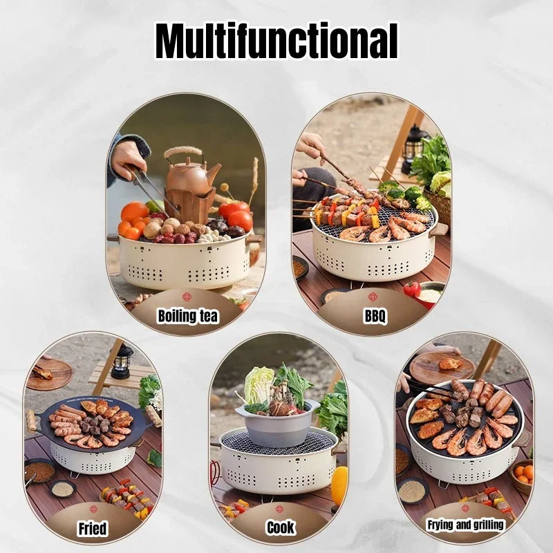 🟡 Parrilla de barbacoa portátil, estufa de carbón coreana, estufa de barbacoa dividida de acero inoxidable, estante de barbacoa redondo antiadherente para acampar al aire libre
