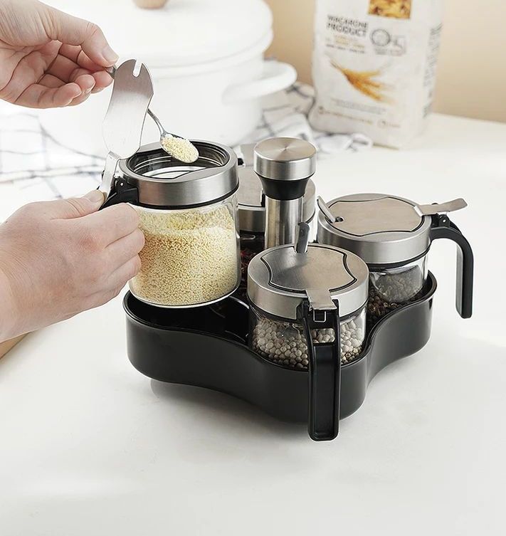 Condimentero de 4 unidades cocina giratorio 100% vidrio y acero inoxidable