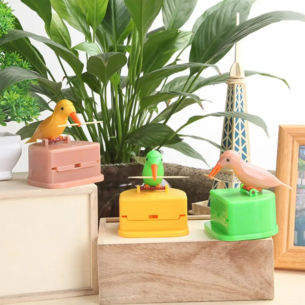 🟡 Contenedor de palillos de dientes con forma de pájaro, dispensador automático de palillos de dientes, soporte para palillos de dientes, decoración del hogar, accesorios de mesa, cocina y restaurante