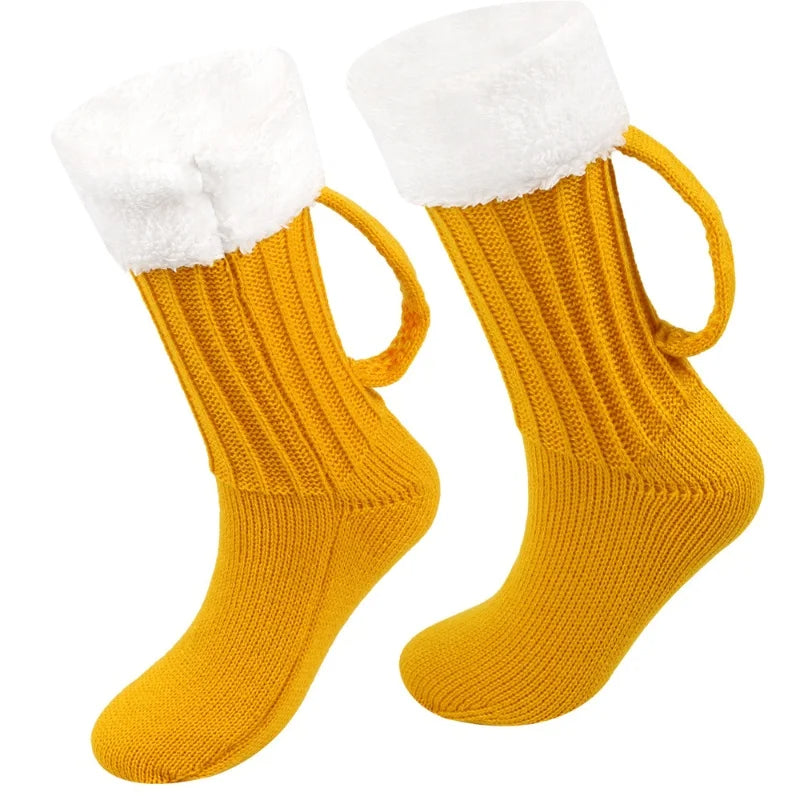🟡 Calcetines de lana tejidos con forma de cerveza, medias cubiertas para hombre o mujer, calcetines de suelo diseño especials y cálidos de talla diseño especial, regalos divertidos