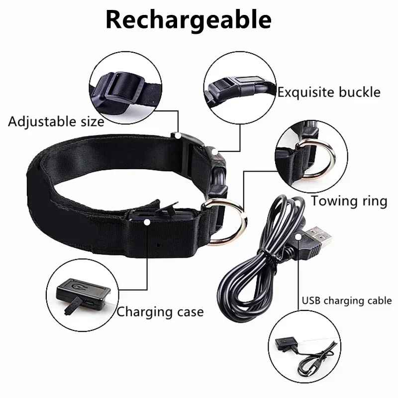 🟡 Collar para perro de nailon LED de seguridad nocturna intermitente que brilla en la oscuridad correa para perro mascota accesorios fluorescentes luminosos para perros