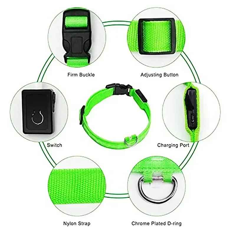 🟡 Collar para perro de nailon LED de seguridad nocturna intermitente que brilla en la oscuridad correa para perro mascota accesorios fluorescentes luminosos para perros