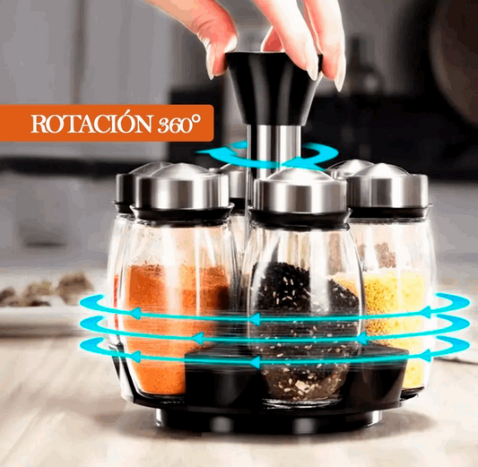 Condimentero Especiero Giratorio Vidrio y Cuerpo Acero Inoxidable