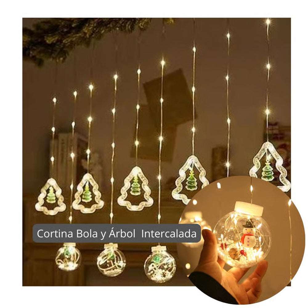 Cortina Luz Led Bola Y Árbol De Navidad