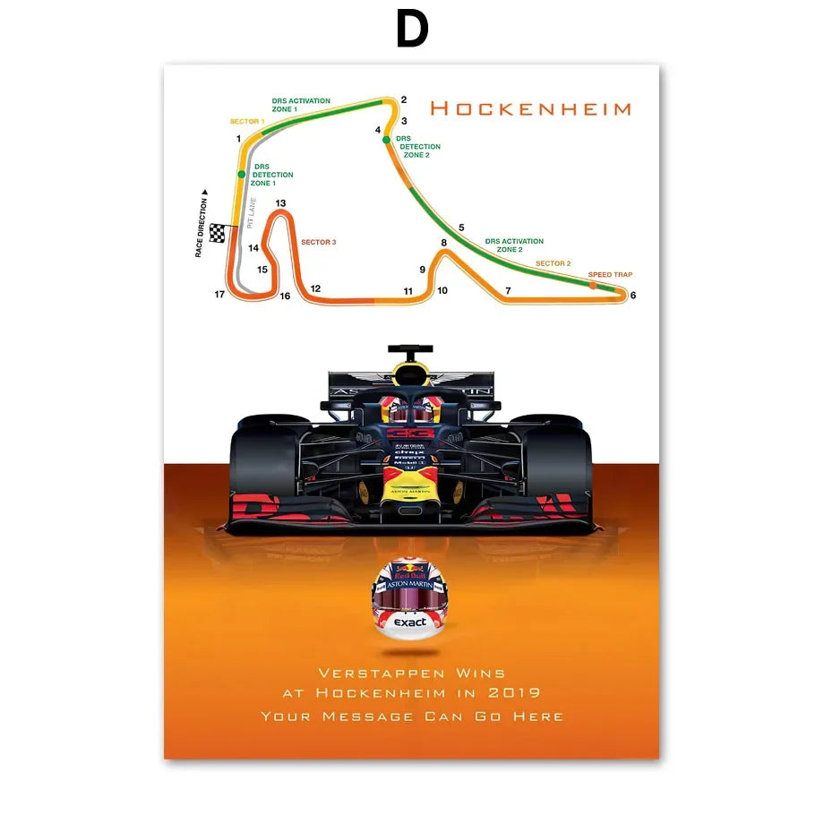 🟡 Fórmula 1 Race Track F1 Car Racing Helmet arte de pared, pintura en lienzo, carteles nórdicos e impresiones, imágenes de pared para decoración de sala de estar y habitación