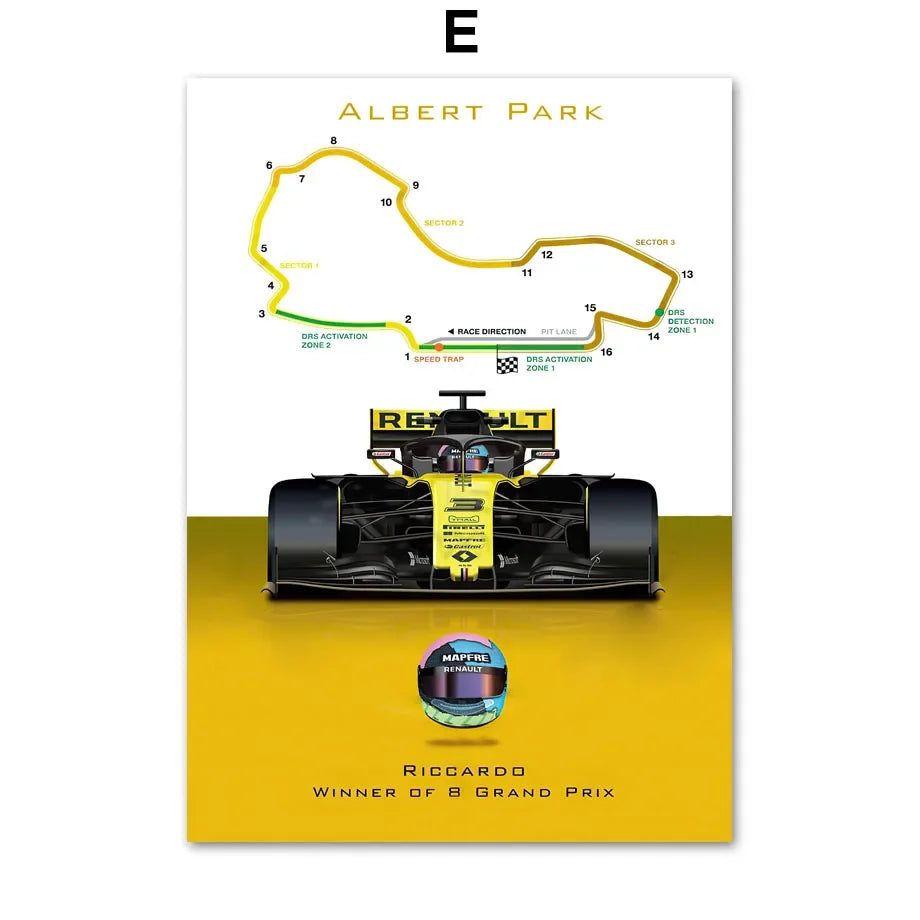 🟡 Fórmula 1 Race Track F1 Car Racing Helmet arte de pared, pintura en lienzo, carteles nórdicos e impresiones, imágenes de pared para decoración de sala de estar y habitación