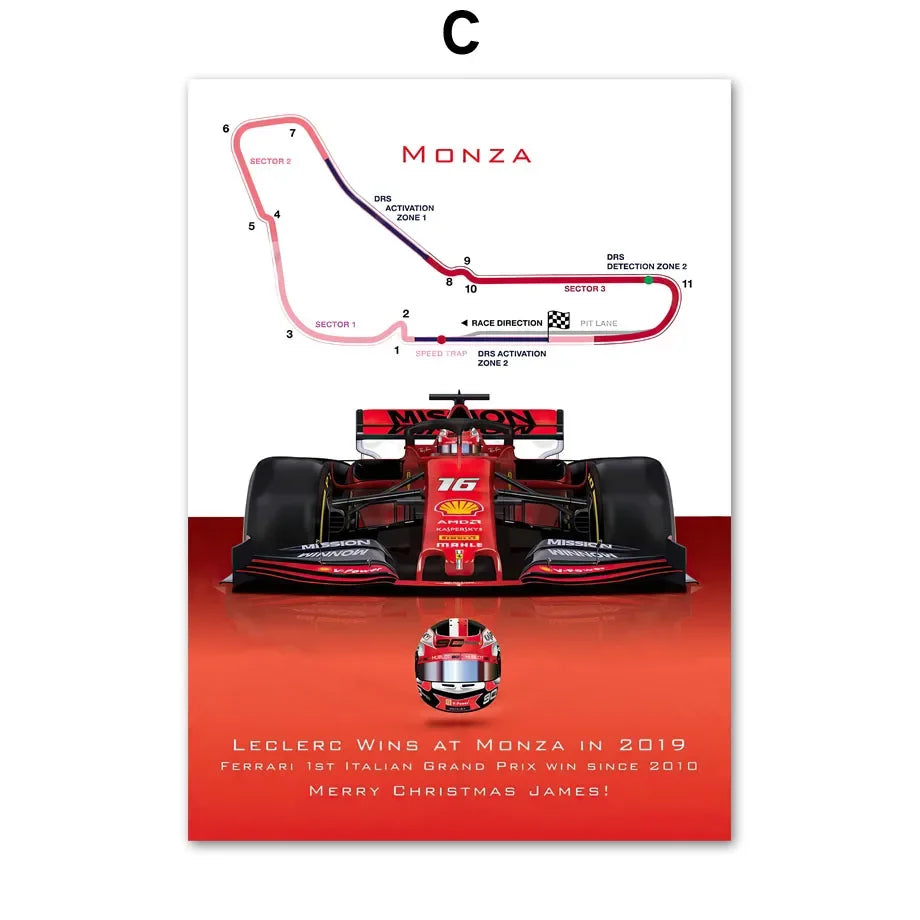 🟡 Fórmula 1 Race Track F1 Car Racing Helmet arte de pared, pintura en lienzo, carteles nórdicos e impresiones, imágenes de pared para decoración de sala de estar y habitación