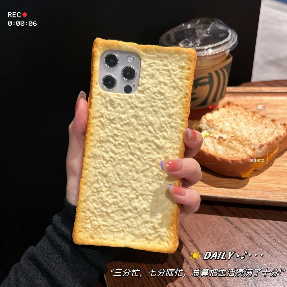 🟡 Funda de teléfono con forma de tostada de simulación 3D para iPhone 11, 12, 13, 14, 15 Pro, soporte plegable de huevo, funda de silicona suave para pan para iPhone 16 Pro Max