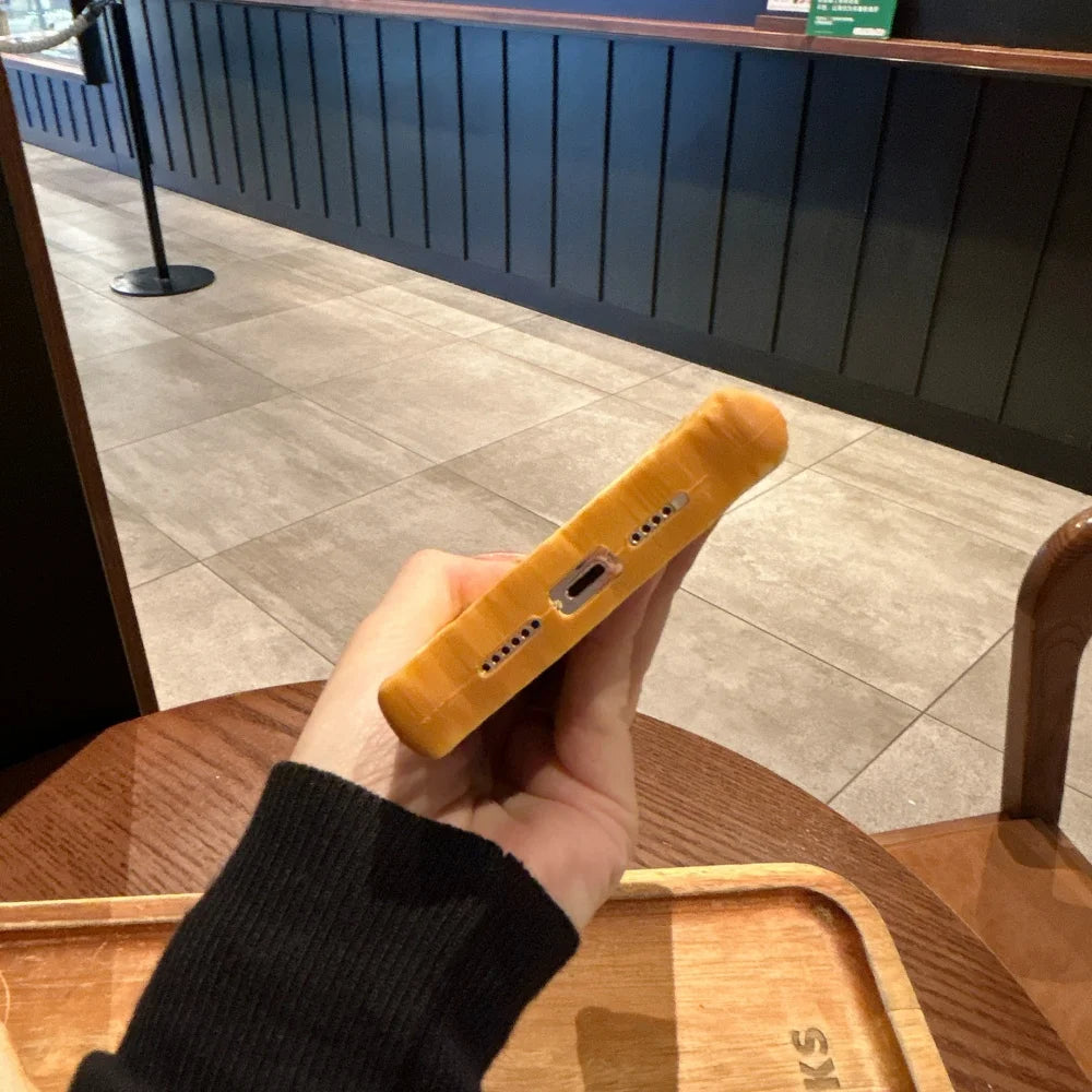 🟡 Funda de teléfono con forma de tostada de simulación 3D para iPhone 11, 12, 13, 14, 15 Pro, soporte plegable de huevo, funda de silicona suave para pan para iPhone 16 Pro Max