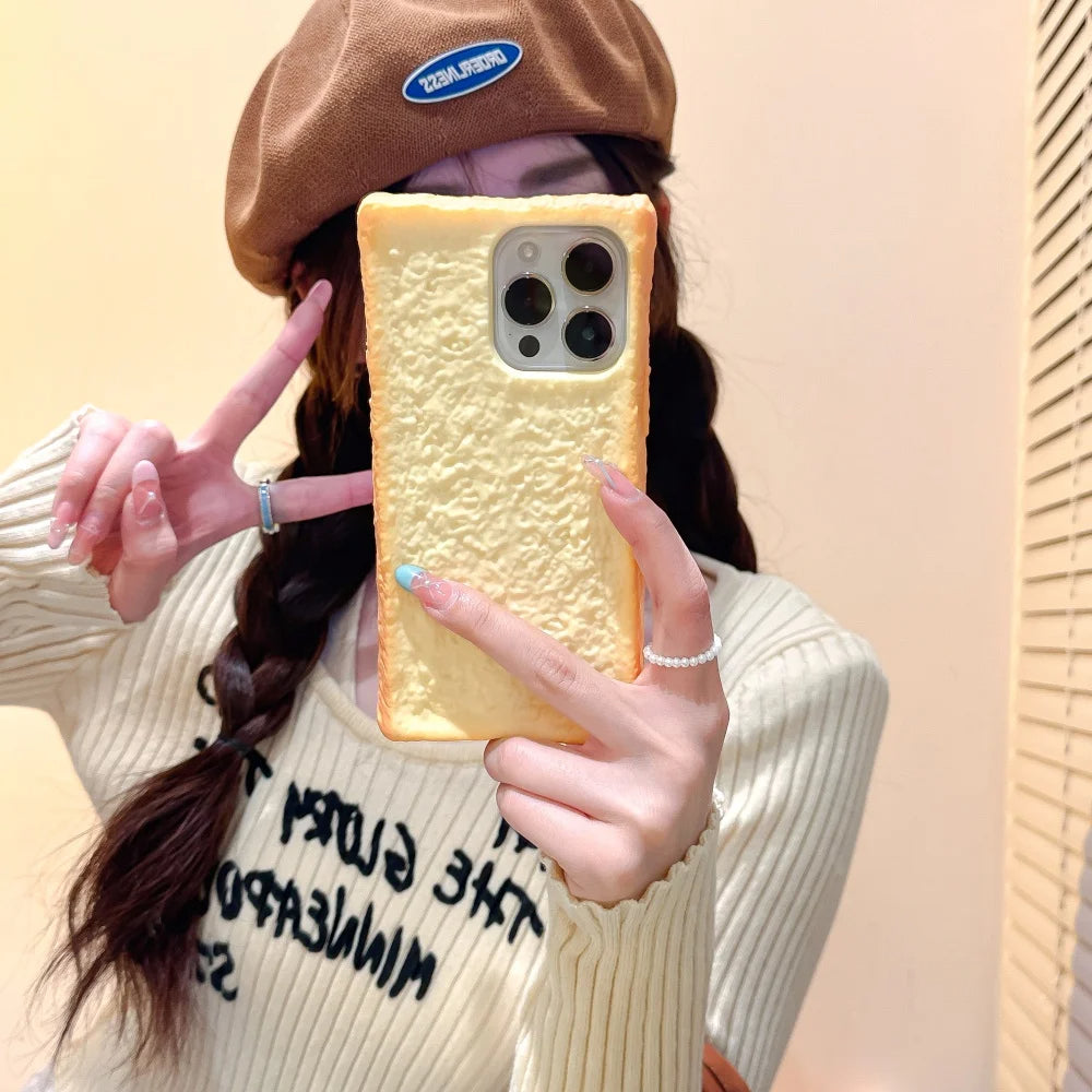 🟡 Funda de teléfono con forma de tostada de simulación 3D para iPhone 11, 12, 13, 14, 15 Pro, soporte plegable de huevo, funda de silicona suave para pan para iPhone 16 Pro Max