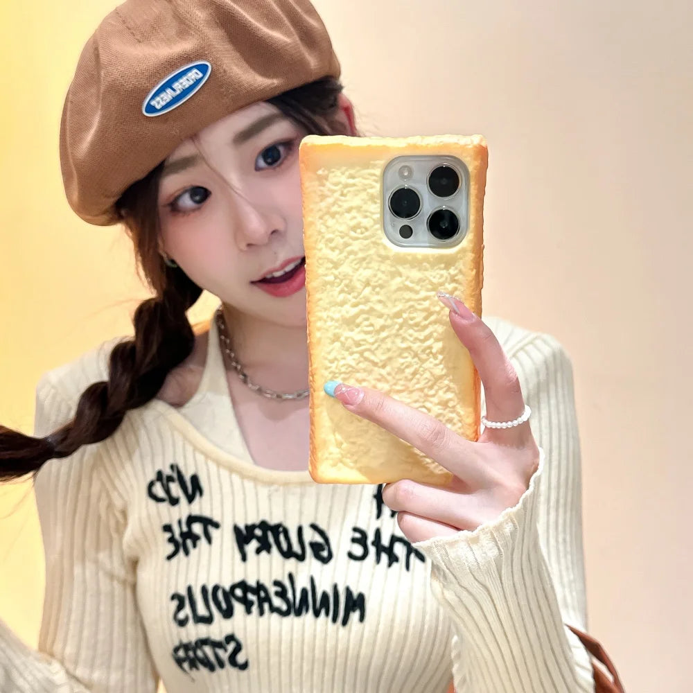 🟡 Funda de teléfono con forma de tostada de simulación 3D para iPhone 11, 12, 13, 14, 15 Pro, soporte plegable de huevo, funda de silicona suave para pan para iPhone 16 Pro Max