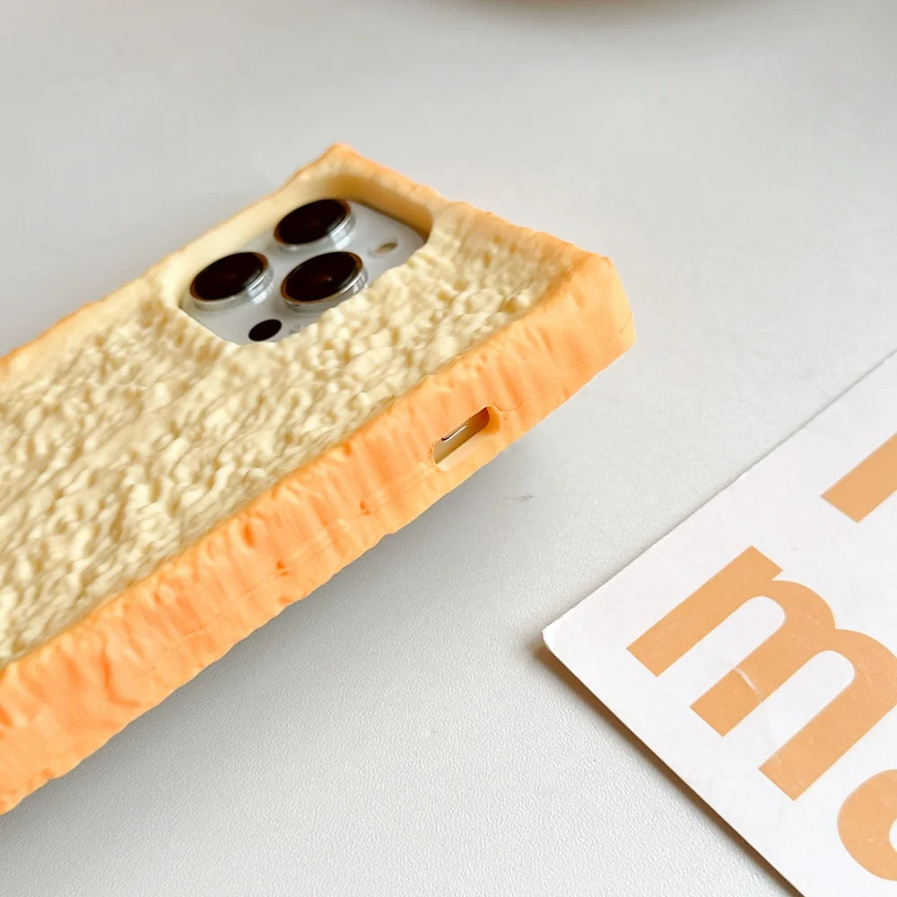 🟡 Funda de teléfono con forma de tostada de simulación 3D para iPhone 11, 12, 13, 14, 15 Pro, soporte plegable de huevo, funda de silicona suave para pan para iPhone 16 Pro Max