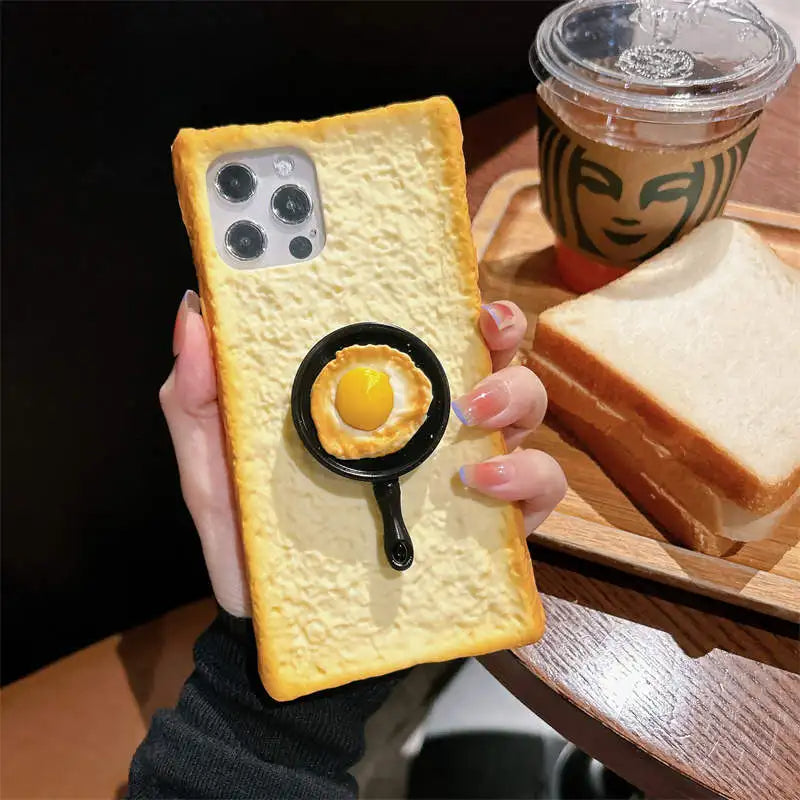 🟡 Funda de teléfono con forma de tostada de simulación 3D para iPhone 11, 12, 13, 14, 15 Pro, soporte plegable de huevo, funda de silicona suave para pan para iPhone 16 Pro Max