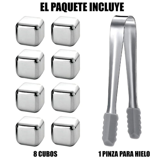 Set X8 Cubos Hielo Acero + Pinzas