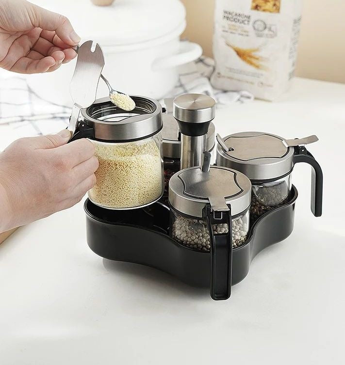 Condimentero de 4 unidades cocina giratorio 100% vidrio y acero inoxidable