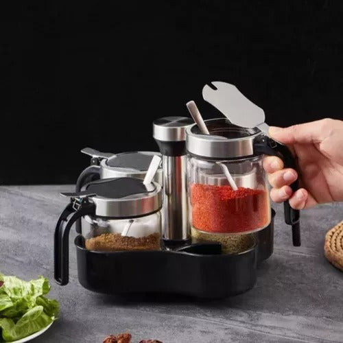 Condimentero de 4 unidades cocina giratorio 100% vidrio y acero inoxidable