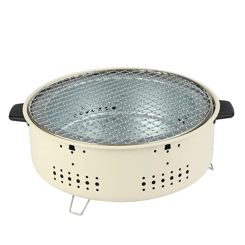 🟡 Parrilla de barbacoa portátil, estufa de carbón coreana, estufa de barbacoa dividida de acero inoxidable, estante de barbacoa redondo antiadherente para acampar al aire libre