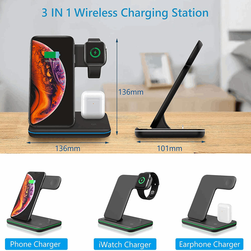 Base Cargador Inalámbrico Para iPhone Iwatch AirPods 3 En 1