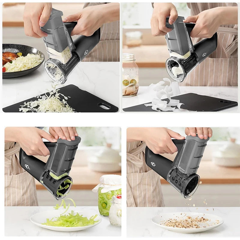 🟡 Rallador de queso eléctrico, máquina de ensalada portátil con 4 formas diferentes de cuchillas, trituradora cortadora rotativa eléctrica de 40W