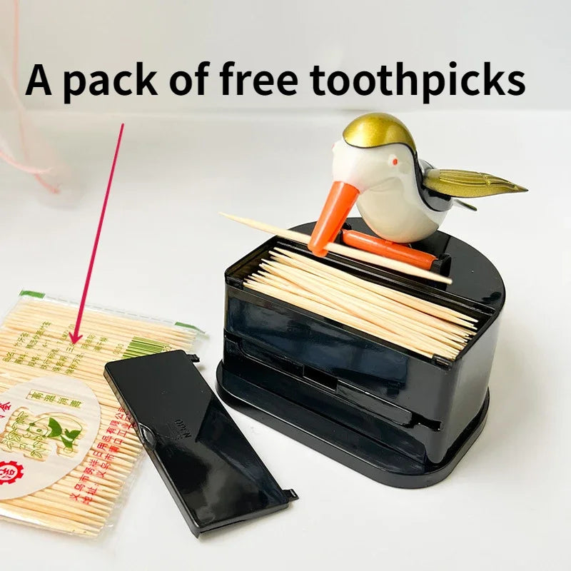 🟡 Contenedor de palillos de dientes con forma de pájaro, dispensador automático de palillos de dientes, soporte para palillos de dientes, decoración del hogar, accesorios de mesa, cocina y restaurante