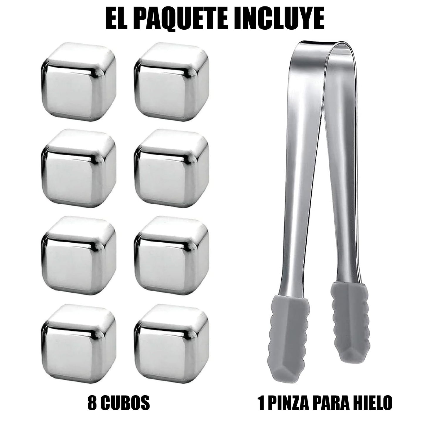 Set X8 Cubos Hielo Reutilizables Acero + Pinzas