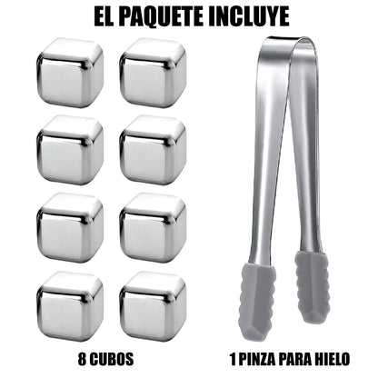 Set X8 Cubos Hielo Reutilizables Acero + Pinzas