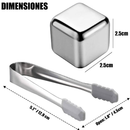 Set X8 Cubos Hielo Reutilizables Acero + Pinzas