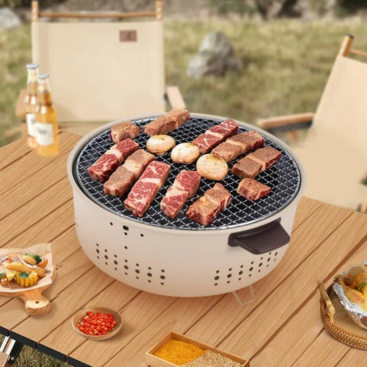 🟡 Parrilla de barbacoa portátil, estufa de carbón coreana, estufa de barbacoa dividida de acero inoxidable, estante de barbacoa redondo antiadherente para acampar al aire libre