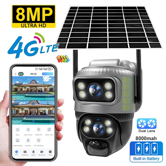 🟡 Cámara V380 de doble lente 4G, PIR Solar, detección humana, visión nocturna, vídeo de seguridad impermeable, cámara IP, Monitor CCTV con batería de 8MP 4K y ranura SIM 4G