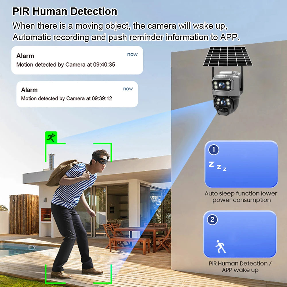 🟡 Cámara V380 de doble lente 4G, PIR Solar, detección humana, visión nocturna, vídeo de seguridad impermeable, cámara IP, Monitor CCTV con batería de 8MP 4K y ranura SIM 4G
