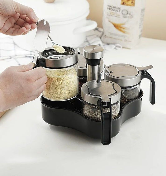 Condimentero de 4 unidades cocina giratorio 100% vidrio y acero inoxidable