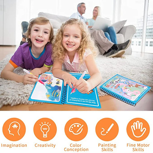 🟡 Libro mágico con dibujo al agua, juguetes para niños y niñas, libro para colorear reutilizable, libro mágico de dibujo al agua, educación temprana sensorial para niños