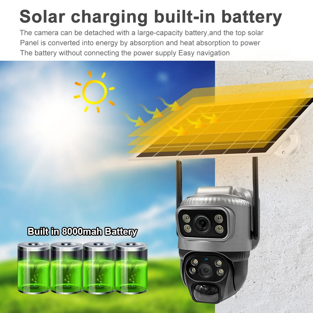 🟡 Cámara V380 de doble lente 4G, PIR Solar, detección humana, visión nocturna, vídeo de seguridad impermeable, cámara IP, Monitor CCTV con batería de 8MP 4K y ranura SIM 4G