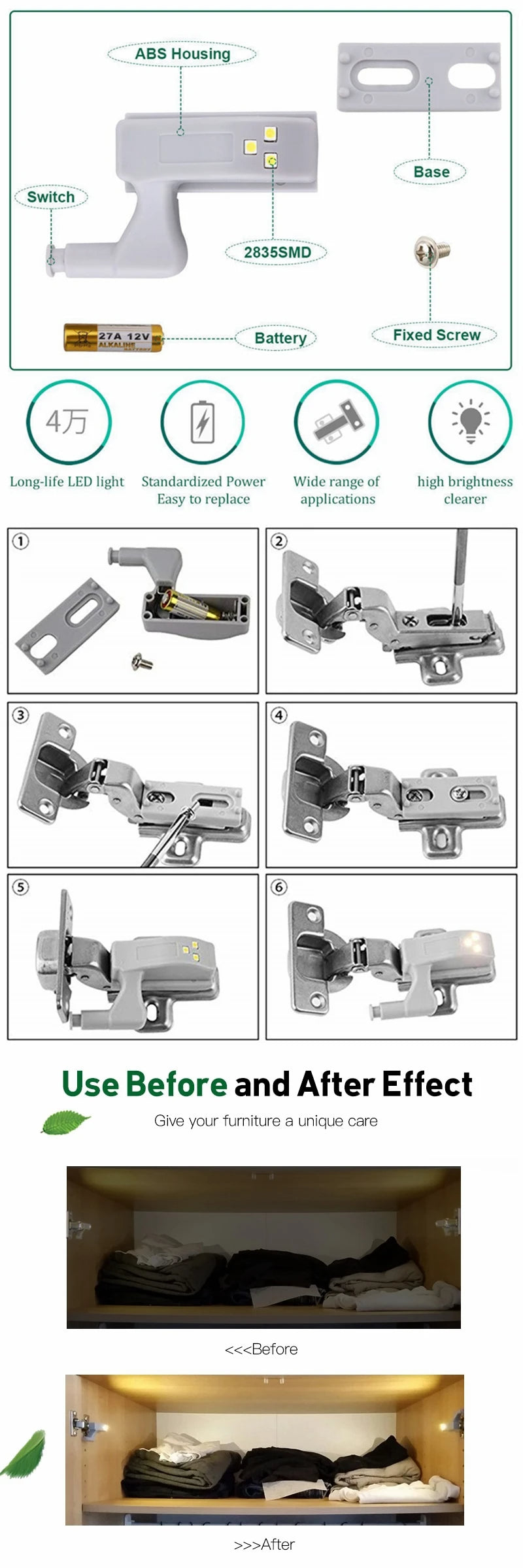 🟡 10 unidades de Luz LED con sensor de movimiento para armario, puertas y bisagras de alacenas de cocina