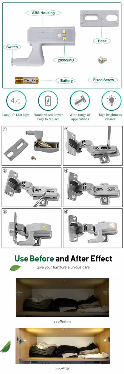 🟡 10 unidades de Luz LED con sensor de movimiento para armario, puertas y bisagras de alacenas de cocina