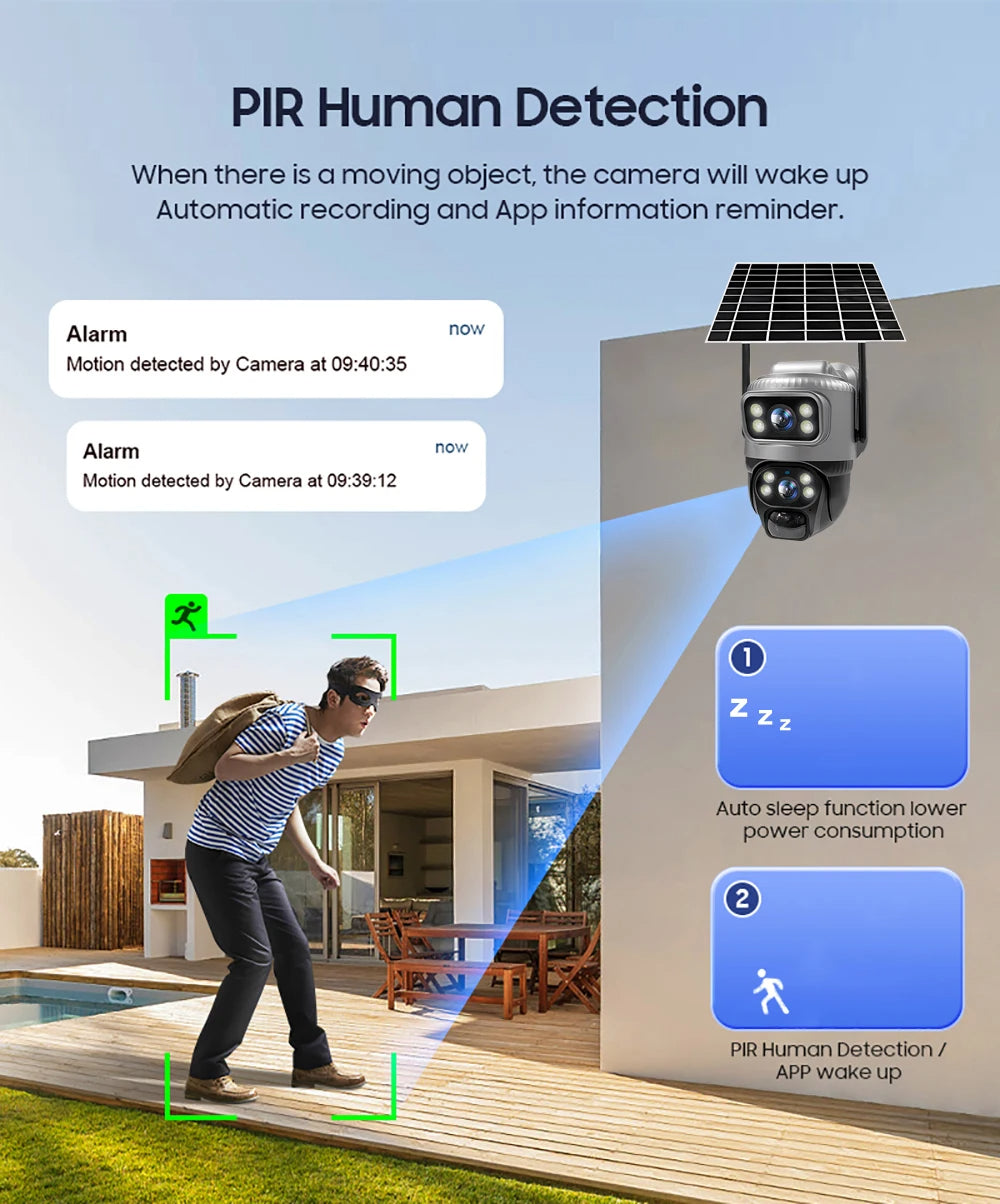 🟡 Cámara V380 de doble lente 4G, PIR Solar, detección humana, visión nocturna, vídeo de seguridad impermeable, cámara IP, Monitor CCTV con batería de 8MP 4K y ranura SIM 4G