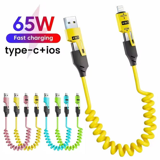 🟡 Cable USB de resorte de carga rápida de 65W, Cable de datos y carga de resorte 4 en 1, Cable telescópico de resorte USB tipo C 6A para iPhone, iPad, MacBook, Android y Cualquier referencia de celular