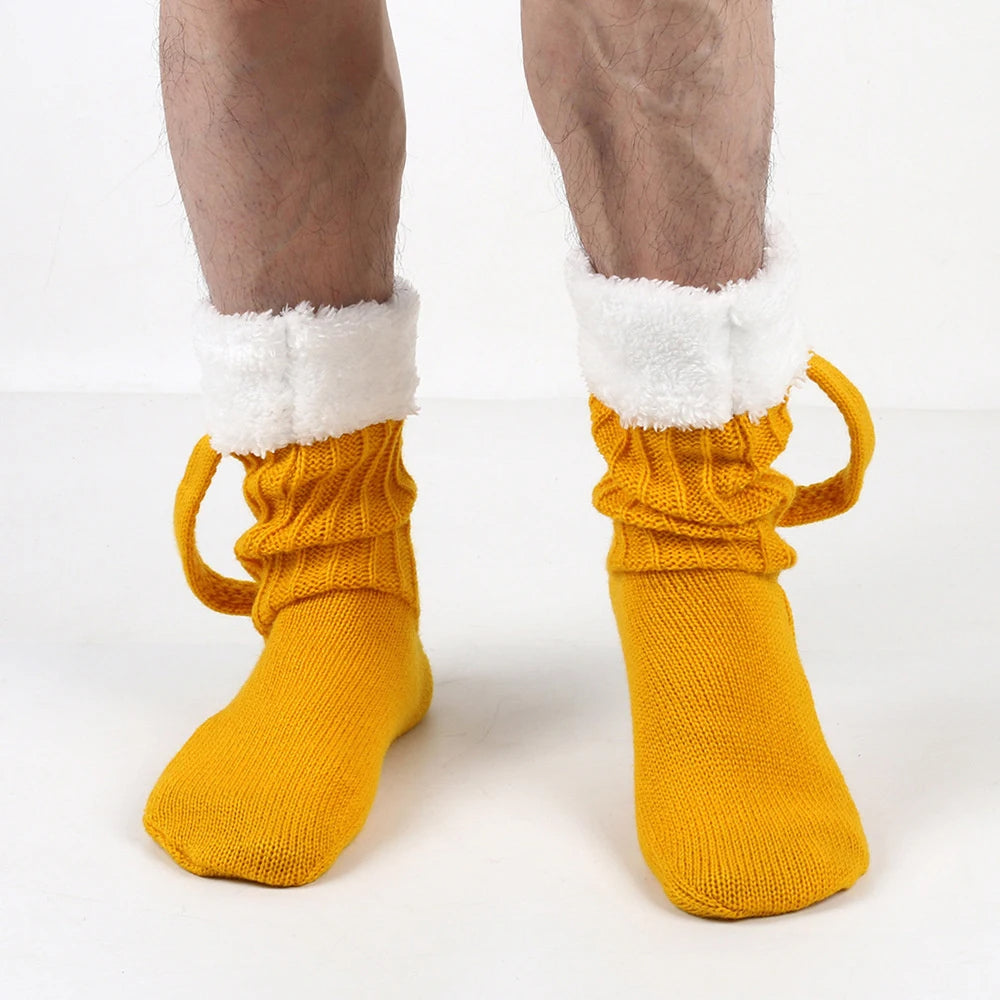 🟡 Calcetines de lana tejidos con forma de cerveza, medias cubiertas para hombre o mujer, calcetines de suelo diseño especials y cálidos de talla diseño especial, regalos divertidos