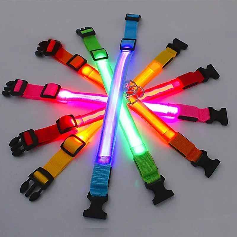 🟡 Collar para perro de nailon LED de seguridad nocturna intermitente que brilla en la oscuridad correa para perro mascota accesorios fluorescentes luminosos para perros