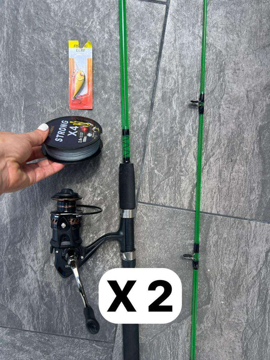 Combo por 2 Cañas fibra de vidrio 2 Carreteles 4000 Sedal Rapala y una Caja de Anzuelos por 100