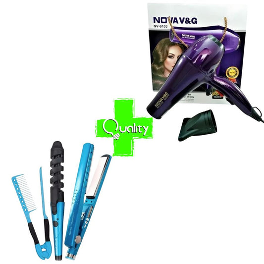 Combo Nano Titanium Plancha+ Secador NOVA 9103 + Peine + Ondulador