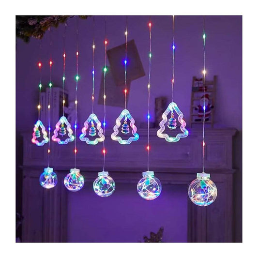 Cortina Luz Led Bola Y Árbol De Navidad