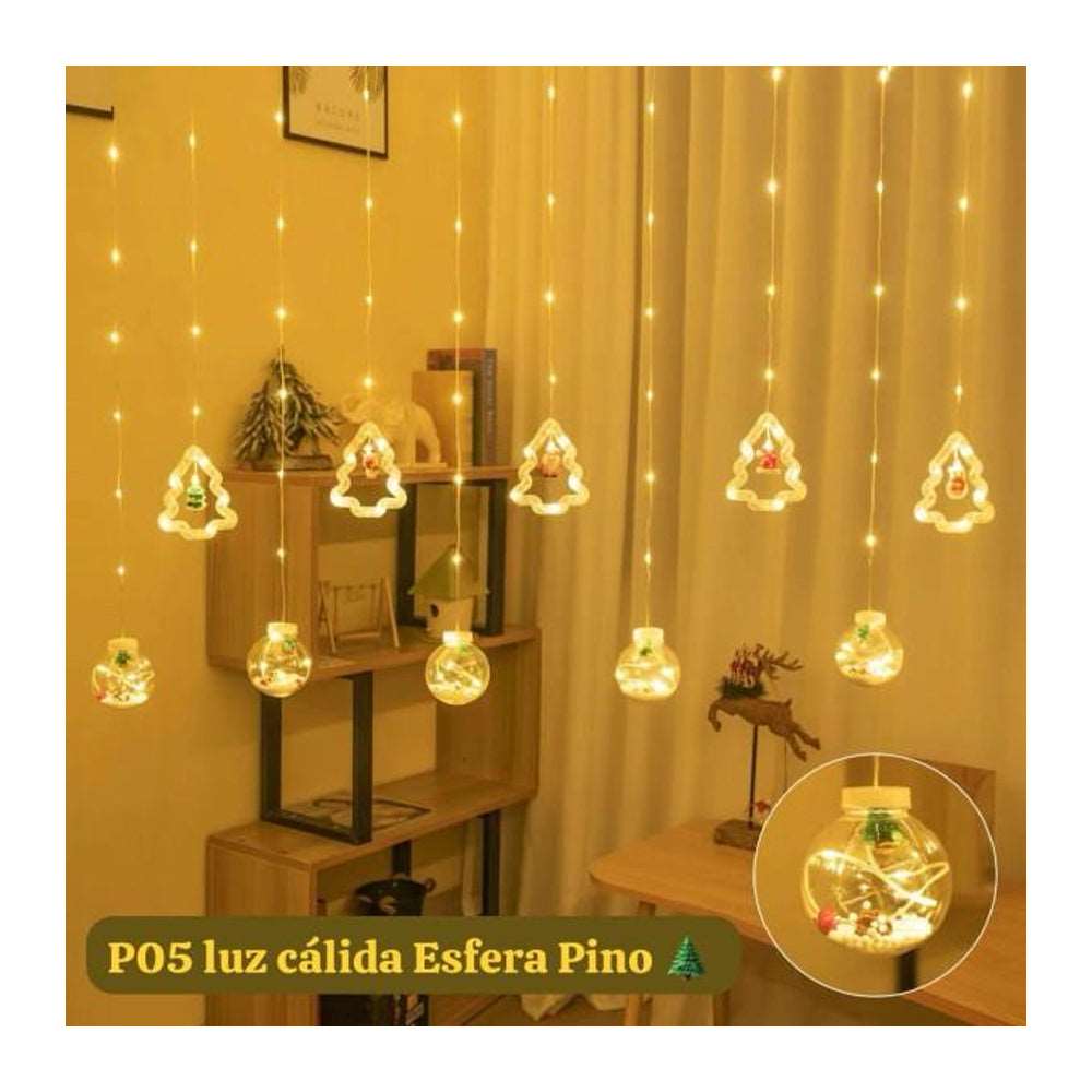 Cortina Luz Led Bola Y Árbol De Navidad