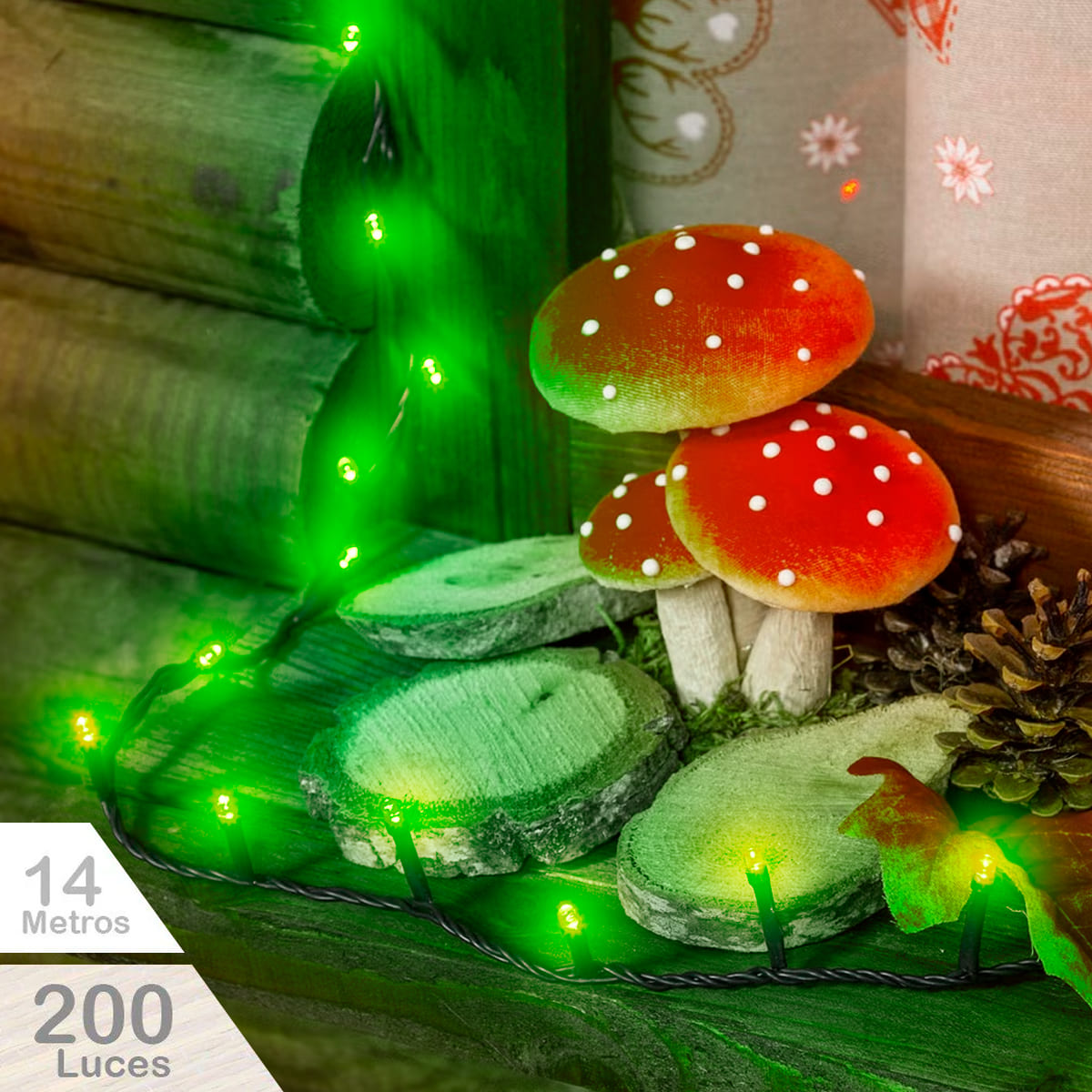 Extensión Luz LED Lineal 14mts Cable Verde 200 Luces Verde